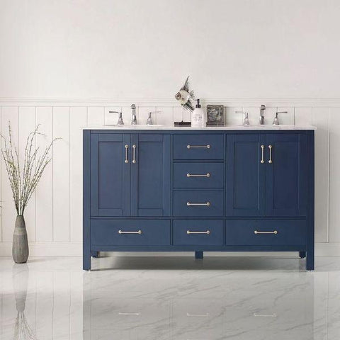 Image of Vinnova Gela 60" Modern Royal Blue Double Sink Vanity w/ Carrara Marble Countertop