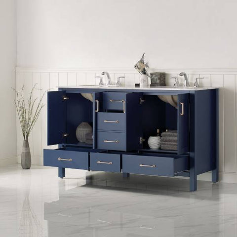 Image of Vinnova Gela 60" Modern Royal Blue Double Sink Vanity w/ Carrara Marble Countertop