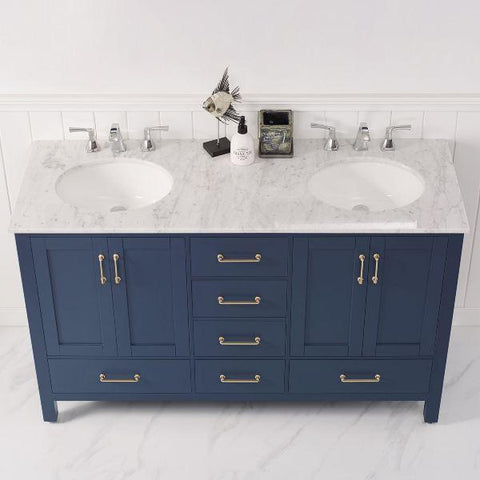 Image of Vinnova Gela 60" Modern Royal Blue Double Sink Vanity w/ Carrara Marble Countertop