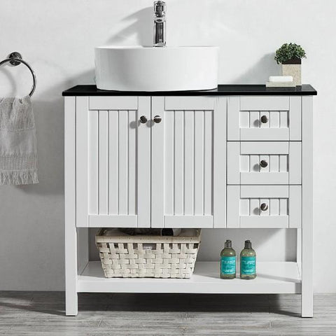 Image of Vinnova Modena 36” Contemporary White Single Sink Vanity with Glass Countertop