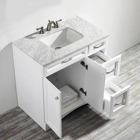 Image of Vinnova Naples 36" Transitional White Vanity w/ Carrara White Marble Countertop 710036-WH-CA-NM