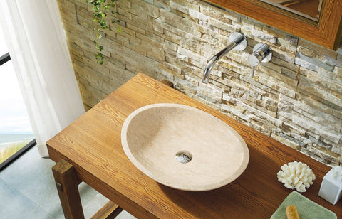 Image of Virtu USA Leda Natural Stone Bathroom Vessel Sink in Beige Travertine Marble VST-2091-BAS