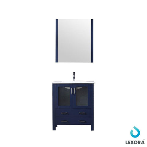 Image of Volez 30" Navy Blue Single Vanity | Integrated Top | White Integrated Square Sink and 28" Mirror