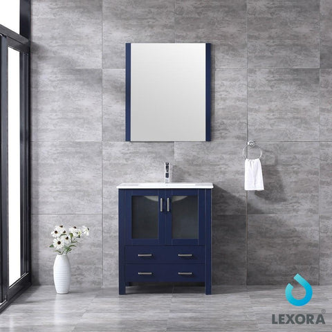 Image of Volez 30" Navy Blue Single Vanity | Integrated Top | White Integrated Square Sink and 28" Mirror