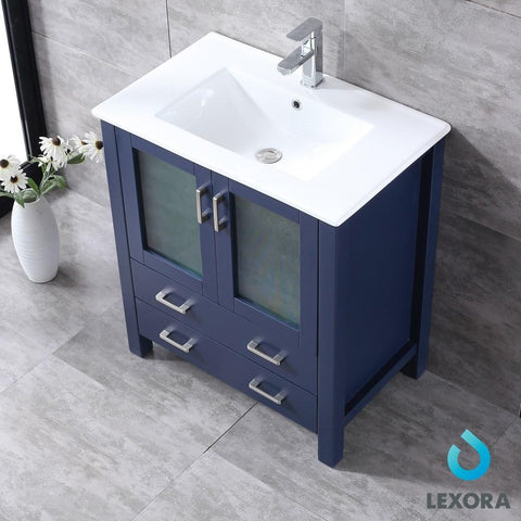 Image of Volez 30" Navy Blue Single Vanity | Integrated Top | White Integrated Square Sink and 28" Mirror