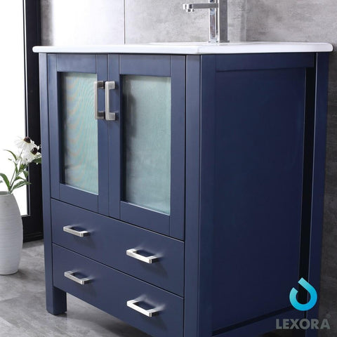 Image of Volez 30" Navy Blue Single Vanity | Integrated Top | White Integrated Square Sink and 28" Mirror