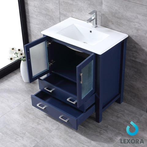 Image of Volez 30" Navy Blue Single Vanity | Integrated Top | White Integrated Square Sink and 28" Mirror