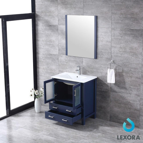 Image of Volez 30" Navy Blue Single Vanity | Integrated Top | White Integrated Square Sink and 28" Mirror