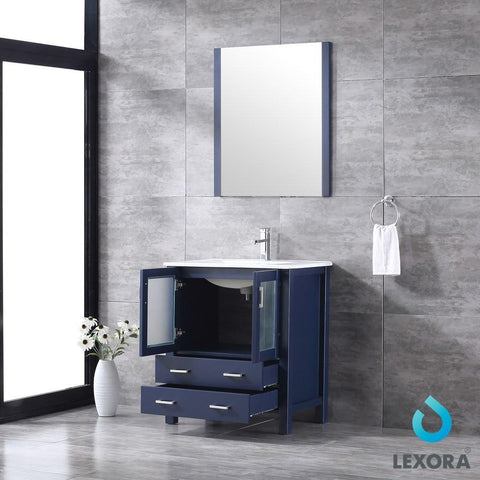 Image of Volez 30" Navy Blue Single Vanity | Integrated Top | White Integrated Square Sink and 28" Mirror