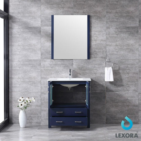 Image of Volez 30" Navy Blue Single Vanity | Integrated Top | White Integrated Square Sink and 28" Mirror