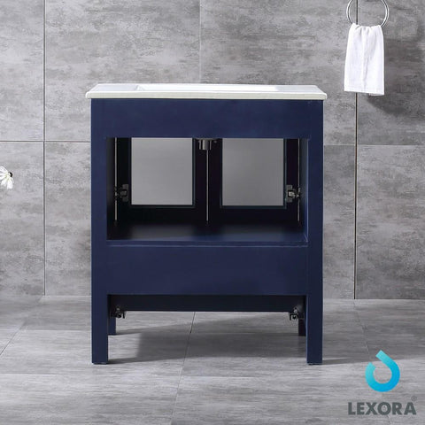Image of Volez 30" Navy Blue Single Vanity | Integrated Top | White Integrated Square Sink and 28" Mirror