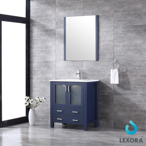 Image of Volez 30" Navy Blue Single Vanity | Integrated Top | White Integrated Square Sink and 28" Mirror