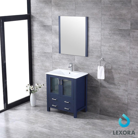 Image of Volez 30" Navy Blue Single Vanity | Integrated Top | White Integrated Square Sink and 28" Mirror