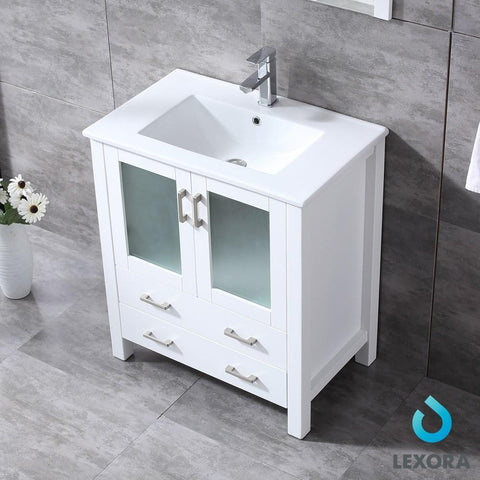 Image of Volez 30" White Single Vanity | Integrated Top | White Integrated Square Sink and 28" Mirror