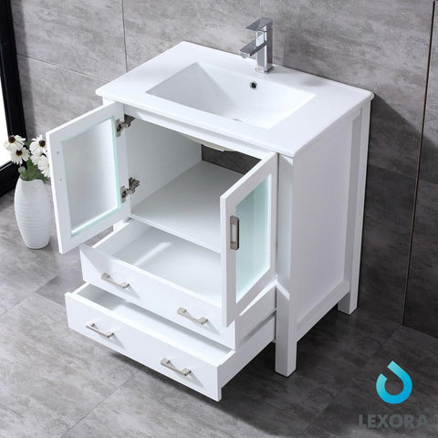 Image of Volez 30" White Single Vanity | Integrated Top | White Integrated Square Sink and 28" Mirror