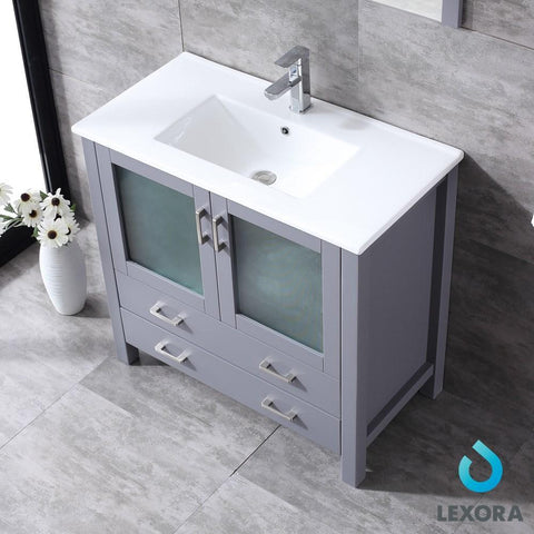 Image of Volez 36" Dark Grey Single Vanity | Integrated Top | White Integrated Square Sink and 34" Mirror