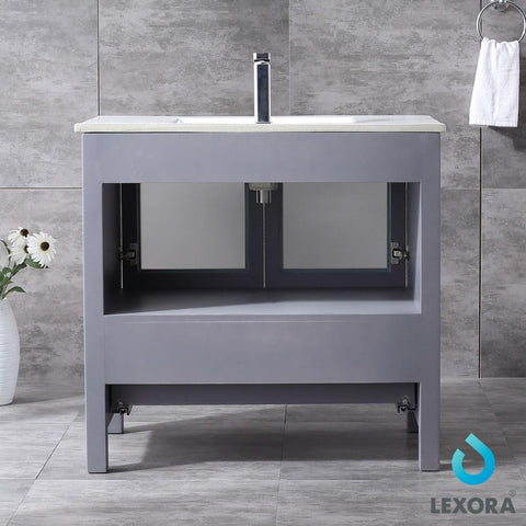 Image of Volez 36" Dark Grey Single Vanity | Integrated Top | White Integrated Square Sink and 34" Mirror