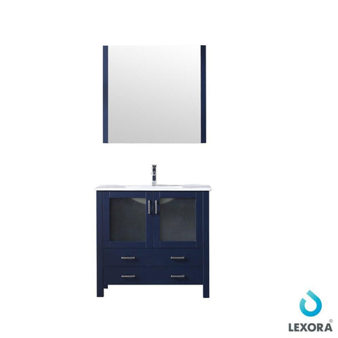Image of Volez 36" Navy Blue Single Vanity | Integrated Top | White Integrated Square Sink and 34" Mirror