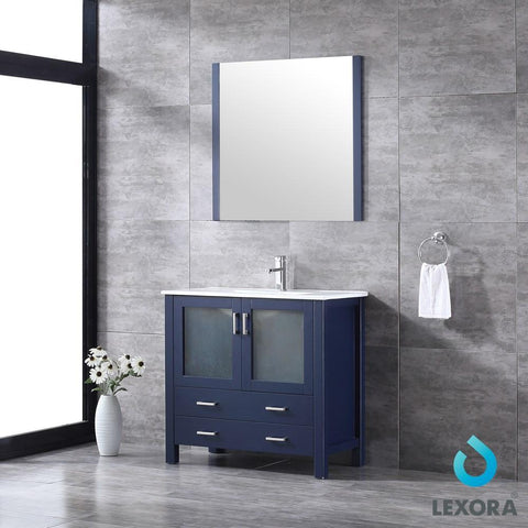 Image of Volez 36" Navy Blue Single Vanity | Integrated Top | White Integrated Square Sink and 34" Mirror