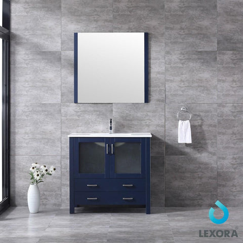 Image of Volez 36" Navy Blue Single Vanity | Integrated Top | White Integrated Square Sink and 34" Mirror