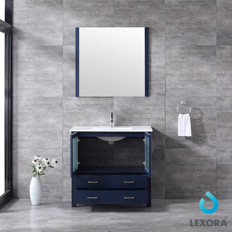 Image of Volez 36" Navy Blue Single Vanity | Integrated Top | White Integrated Square Sink and 34" Mirror