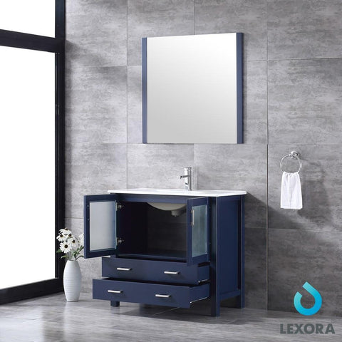 Image of Volez 36" Navy Blue Single Vanity | Integrated Top | White Integrated Square Sink and 34" Mirror