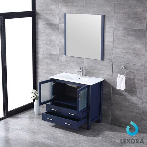 Image of Volez 36" Navy Blue Single Vanity | Integrated Top | White Integrated Square Sink and 34" Mirror
