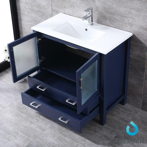 Image of Volez 36" Navy Blue Single Vanity | Integrated Top | White Integrated Square Sink and 34" Mirror