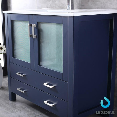 Image of Volez 36" Navy Blue Single Vanity | Integrated Top | White Integrated Square Sink and 34" Mirror
