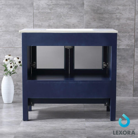 Image of Volez 36" Navy Blue Single Vanity | Integrated Top | White Integrated Square Sink and 34" Mirror