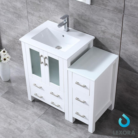 Image of Volez 36" White Single Vanity w/ Side Cabinet | Integrated Top | White Integrated Square Sink and 22" Mirror
