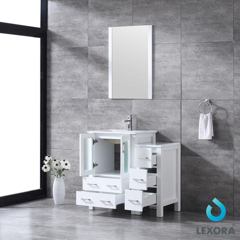 Image of Volez 36" White Single Vanity w/ Side Cabinet | Integrated Top | White Integrated Square Sink and 22" Mirror