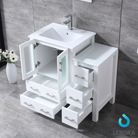 Image of Volez 36" White Single Vanity w/ Side Cabinet | Integrated Top | White Integrated Square Sink and 22" Mirror
