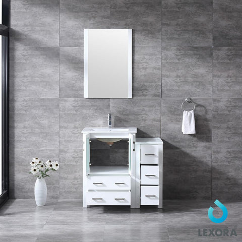 Image of Volez 36" White Single Vanity w/ Side Cabinet | Integrated Top | White Integrated Square Sink and 22" Mirror
