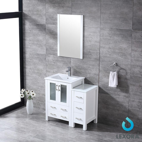 Image of Volez 36" White Single Vanity w/ Side Cabinet | Integrated Top | White Integrated Square Sink and 22" Mirror