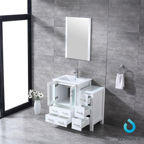Image of Volez 36" White Single Vanity w/ Side Cabinet | Integrated Top | White Integrated Square Sink and 22" Mirror