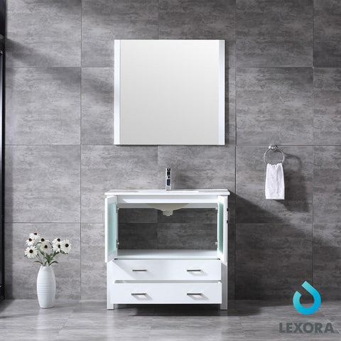 Image of Volez 36" White Single Vanity | Integrated Top | White Integrated Square Sink and 34" Mirror