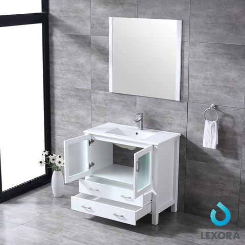 Image of Volez 36" White Single Vanity | Integrated Top | White Integrated Square Sink and 34" Mirror