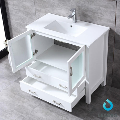 Image of Volez 36" White Single Vanity | Integrated Top | White Integrated Square Sink and 34" Mirror