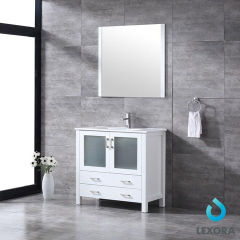 Image of Volez 36" White Single Vanity | Integrated Top | White Integrated Square Sink and 34" Mirror