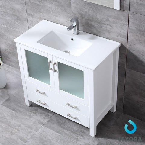 Image of Volez 36" White Single Vanity | Integrated Top | White Integrated Square Sink and 34" Mirror