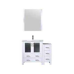 Volez 42" White Single Vanity w/ Side Cabinet | Integrated Top | White Integrated Square Sink and 28" Mirror
