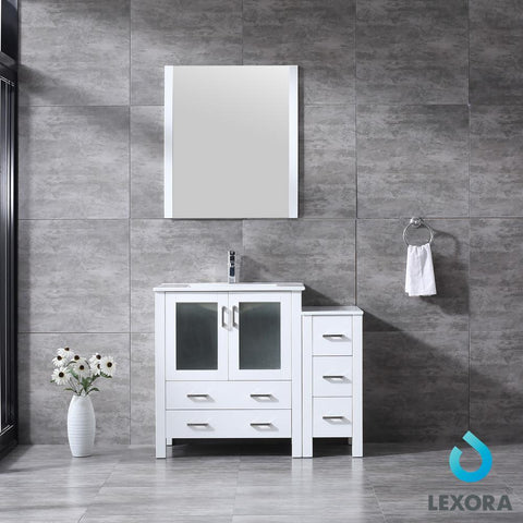 Image of Volez 42" White Single Vanity w/ Side Cabinet | Integrated Top | White Integrated Square Sink and 28" Mirror