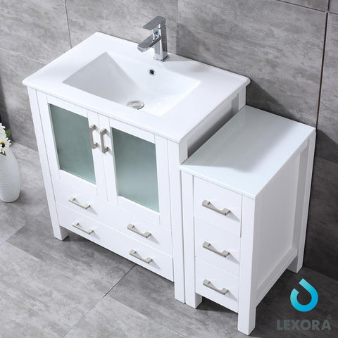 Image of Volez 42" White Single Vanity w/ Side Cabinet | Integrated Top | White Integrated Square Sink and 28" Mirror