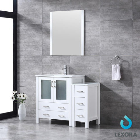 Image of Volez 42" White Single Vanity w/ Side Cabinet | Integrated Top | White Integrated Square Sink and 28" Mirror