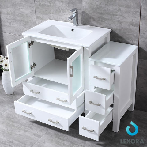 Image of Volez 42" White Single Vanity w/ Side Cabinet | Integrated Top | White Integrated Square Sink and 28" Mirror