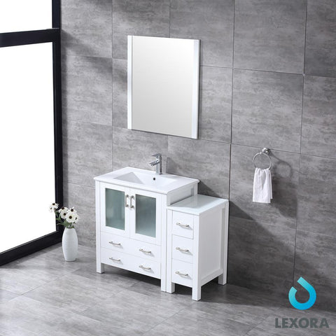 Image of Volez 42" White Single Vanity w/ Side Cabinet | Integrated Top | White Integrated Square Sink and 28" Mirror