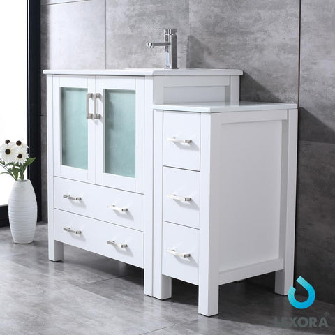 Image of Volez 42" White Single Vanity w/ Side Cabinet | Integrated Top | White Integrated Square Sink and 28" Mirror