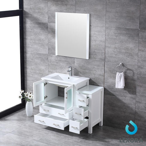 Image of Volez 42" White Single Vanity w/ Side Cabinet | Integrated Top | White Integrated Square Sink and 28" Mirror