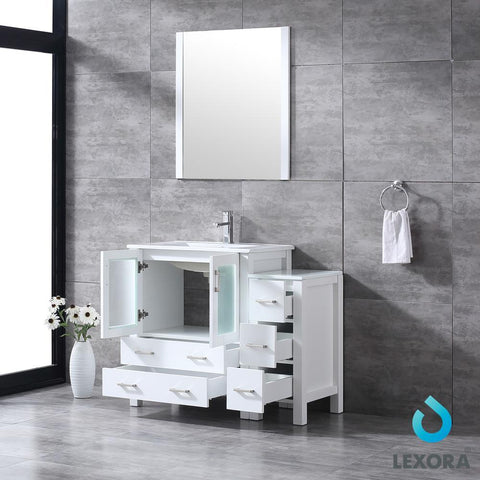 Image of Volez 42" White Single Vanity w/ Side Cabinet | Integrated Top | White Integrated Square Sink and 28" Mirror